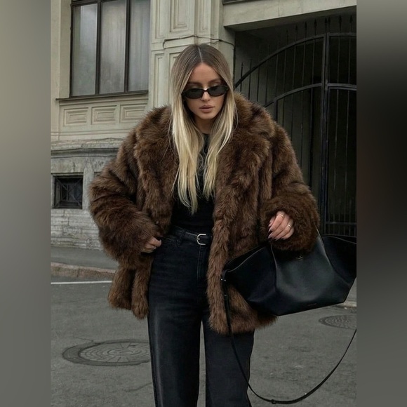 Luxury vintage style cropped oversized faux fur coat gray cream - Picture 6 of 11